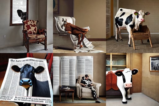 a cow in a luxury chair reading the newspaper