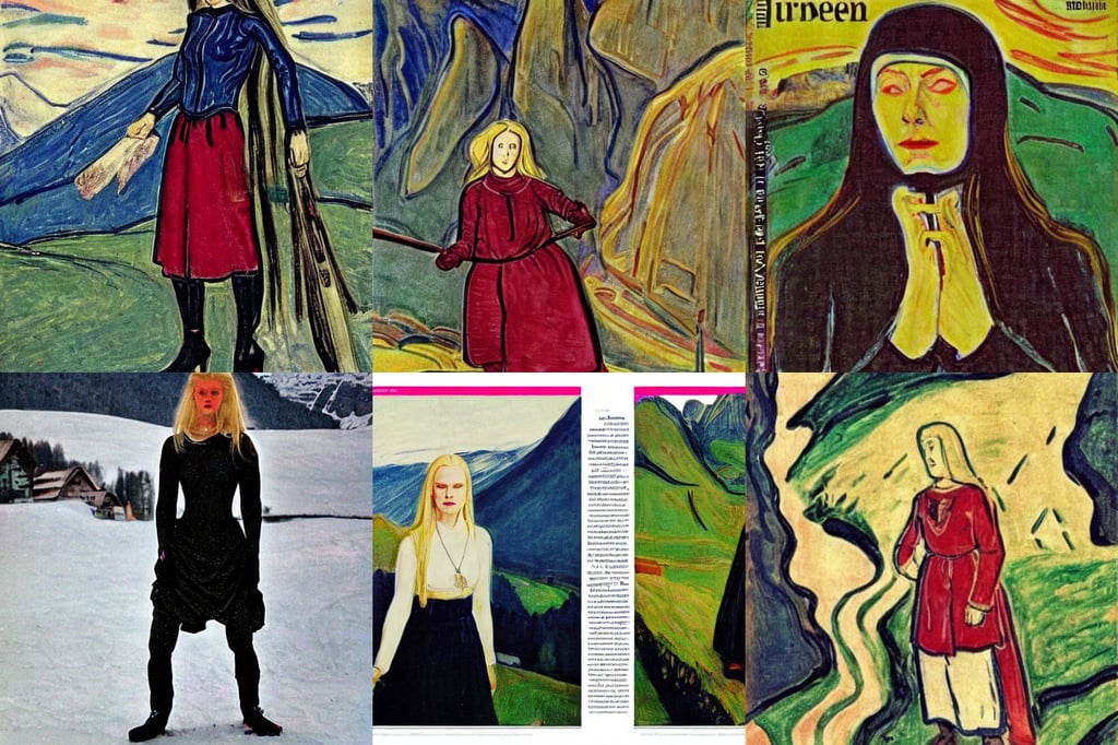 Mountain Switzerland, wearing tight simple medival clothes, and Edvard Munch., by justin cheung, combat clothes, fashion magazine, blatoslap, the woman has blonde long hair