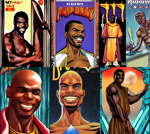 a ( fantasy comic ) ( cover art ) upper body portrait of ( keith david 1 9 8 8 ) as a monk, uncanny smile, symmetrical body, very tall and slender