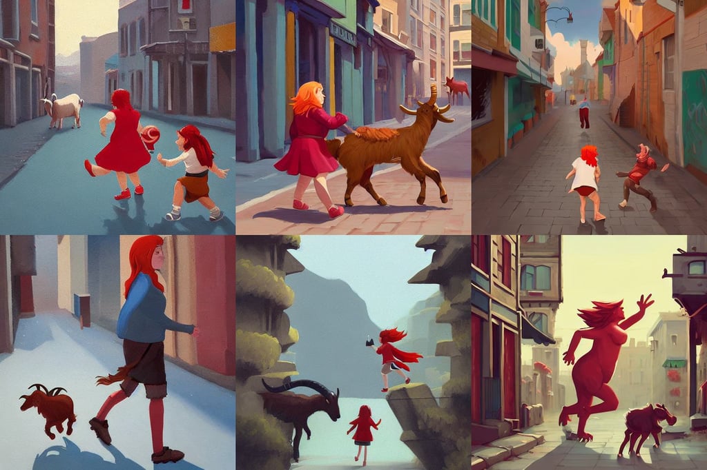 giant goat chasing a halfling woman on the streets of a town, by sylvain sarrailh, minimalistic painting, red hair