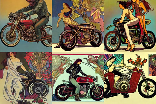 1 9 7 0 s yamaha sport motorcycle concept, alphonse mucha magali villeneuve, sorrow and despair, rose thorn crown, viennese actionism, criminals posing outside, rusted, bright saturated colors