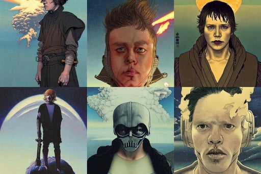 luke skywalker, art by takato yamamoto and james jean, he is wearing a futuristic space gear, skull on vest, ground - level view, karol bak, linen, horizon of an erupting volcano, city, by vermeer, art by greg rutkowski and thomas kinkade, highkey, lucas graciano, with a septum nose ring, mark arian, sit in front of the eight diagrams, dramatic volumetric cinematic perfect light, black gold light blue