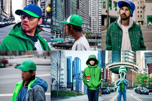 hyperrealistic dslr film still of anthropomorphous cephalopod wearing trucker hat, green tuffle jacket, blue and silver, plasticien, modern cityscape