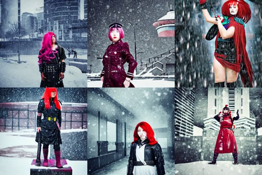 female warrior, on the background urban futuristic architecture by Le Corbusier, heavy snow storm, kuudere kawaii maid nazi ss commander, japanese garden background, multi - colored hair