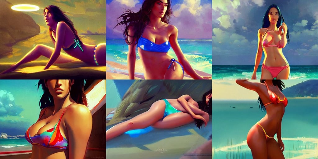 megan fox wearing a shell bikini, concept art by makoto shinkai and greg rutkowski, Neon lights, flirty, oil painting by Jama Jurabaev, designed to deliver pizza. Digital concept art