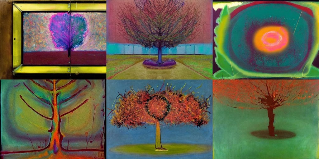 iridescent tree with donut leaves, in the suburbs, liberty, Brian Sum, art by Mark Rothko, art by Jackson Pollock, bill henson style, trending on pixiv, art by Francis Bacon, the big bang