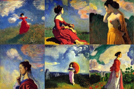 her name is Ema Watsu, art by Artemisia Gentileschi, art by Wassily Kandinsky - Photo, art by Claude Monet, art by Eugène Delacroix, backlit, dramatic clouds