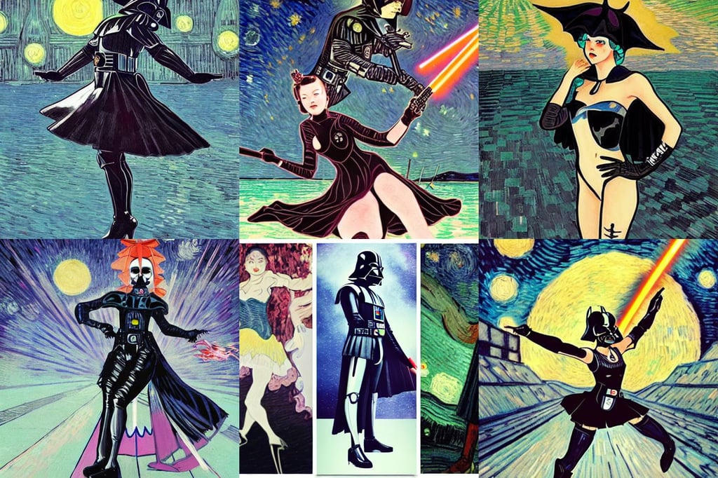 Darth Vader ballerina in tutu skirt, art deco, quality render style of Masamune Shirow and Tsuaii, art by Vincent Van Gogh, wide-eyed, art by Domenikos Theotokopoulos, along the lake, art by Francisco De Goya