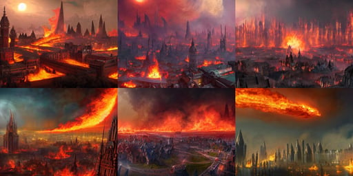 A fantasy city completely covered in fire, rising smoke, dark fantasy, nighttime, detailed crimson moon, hyper realistic, trending on artstation