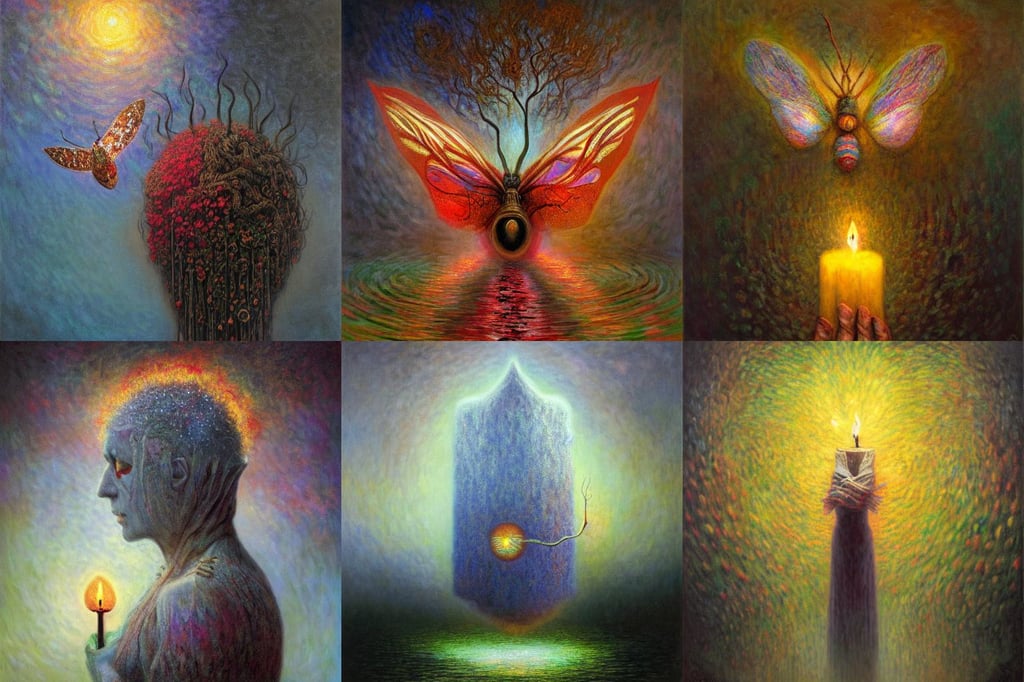 Moth of candle by Jeffrey Smith, Claude Monet, and Mario Nevado, oil on canvas