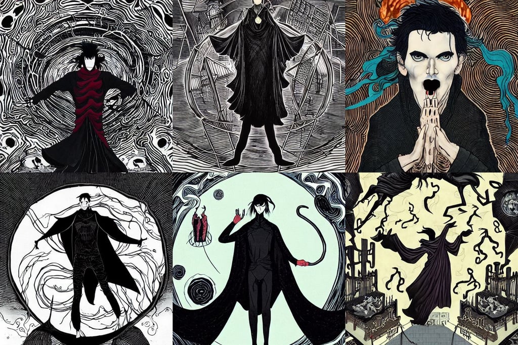 goth tall man with wind swept black hair wearing a long flowing black cape, buildings made from meat, intrinsic detail, art by James Jean, black hole sucking, monk doing tai chi on a floating circular platform in the center