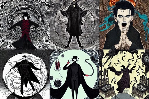 goth tall man with wind swept black hair wearing a long flowing black cape, buildings made from meat, intrinsic detail, art by James Jean, black hole sucking, monk doing tai chi on a floating circular platform in the center