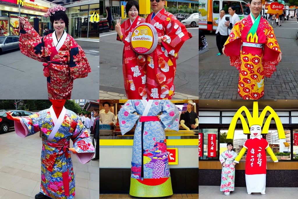 biggest mcdonald in the world, wearing a detailed japanese kimono. modern