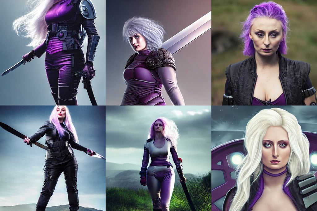 curvy female with white hair, Sophie Turner, rolling hills, cyberpunk style, historical, About to draw his a sword from scabbard, day time, battlestar galactica, all shades of purple. Hair coloring, strong cinematic light