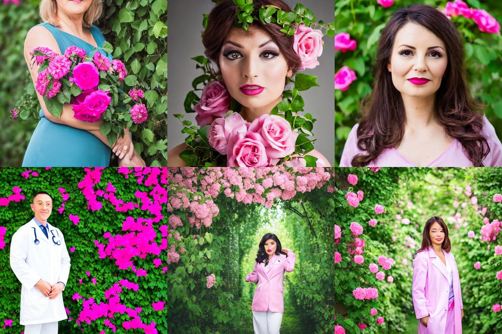 glamorous doctor portrait, detailed attributes and atmosphere, pink rosa, sigma 8 5 mm f 1. 4, flowers and vines