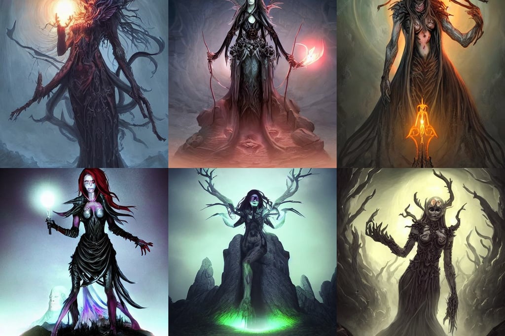 beautiful female necromancer raising the dead, elden ring inspired, with light coming out of the ground of it, realistic body structure, mount rushmore