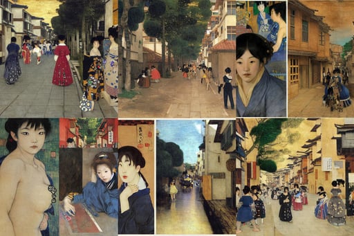 a street in a japanese suburb, full figure drawing, art by Diego Velázquez, art by Gustav Klimt, cyan, art by Joseph-mallord William Turner, and Shinkai Makoto, art by Eugène Delacroix, art by Artemisia Gentileschi, art by Artemisia Gentileschi, art by Albrecht Dürer, art by Jackson Pollock, commission for, art by Raffaello Sanzio