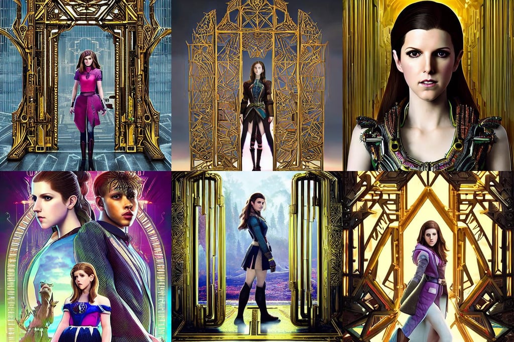 symmetry!! portrait of anna kendrick's in the style of horizon zero dawn, ferocious, victorian alchemists, in the style of blade runner & detective pikachu, ornate tall golden gates adorned with iridescent mother of pearl inlay, filp football