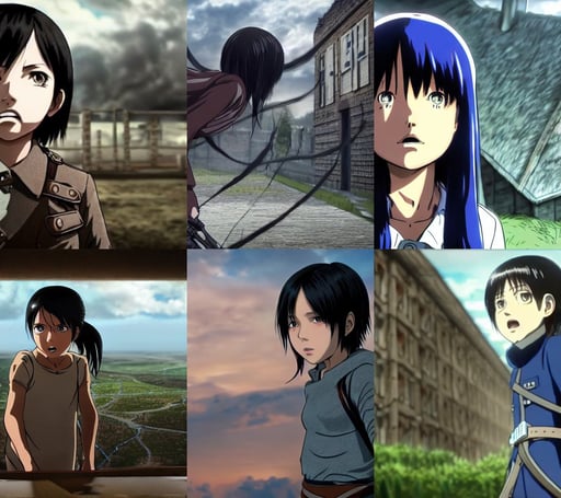 still from attack on titan, road, small girl with black hair, atmosperic, royal-blue, 8 k resolution : 0. 8