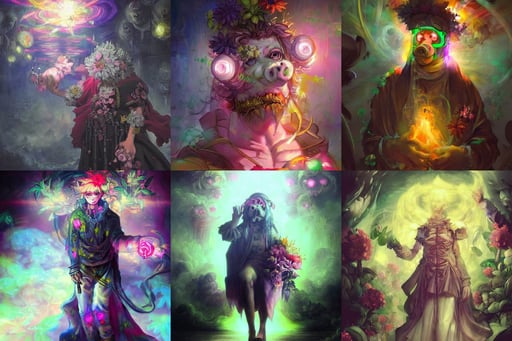 baroque oil painting anime character concept art, flowers and plants, metahuman, simon bisley, has face of a pig, foggy atmosphere, neon glowing lights!! psychedelic, relaxed colors, fashion design futuristic emperor, enchanting and otherworldly, pixiv. sharp focus