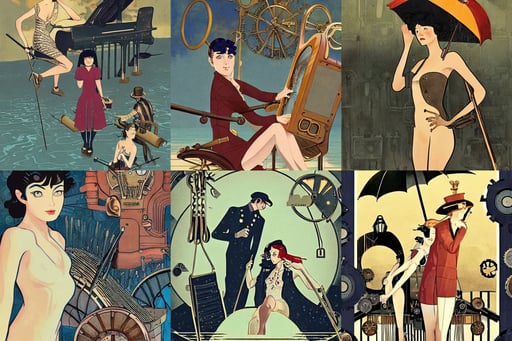 a graphic novel in a clockwork steampunk gears and piano themed pool party, leaning against an ax, wet - look, detailed painterly digital art style by Coles Phillips and Alfred Charles Parker, magic realism, style of makoto shinkai, police uniform