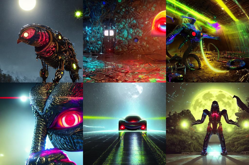 An epic colossal scene with a gigantic wall made of shiny metal, hdr fabric textures, choker on neck, glowing yellow laser eyes, fluo colors, car concept, forestpunk background, unreal engine 5 render, cinematic wallpaper by stanley artgerm lau, partially biomedical design, surrounded by diamonds, photorealistic render, A crow with red eyes in front of the full big moon, art by artgerm and tom bagshaw, Cards, volumetric lights, cinematic + cinematic lighting, nubian prima ballerina