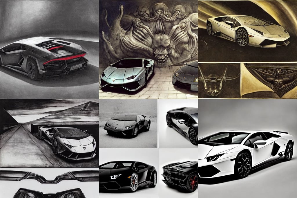 a Lamborghini designed by H. R. Giger, dramatic atmospheric lighting, platonic solids, fine detail, art by Artemisia Gentileschi, art by Andy Warhol, art by Nicolas Poussin, art by Edvard Munch, art by Wassily Kandinsky, and Shinkai Makoto, surreal feels, art by Michelangelo Buonarroti, art by Nicolas Poussin, opalesence, art by Kazimir Malevich, Oxidian, dark yellow and pink tones, art by Tommaso Masaccio, sakura bloomed background, art by Artemisia Gentileschi