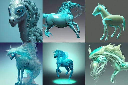 a fantastical transparent small turquoise spirit horse made of water and foam and algae, lens orbs, noble, elegant profile posing, shaded lighting by katsuhiro otomo ghost-in-the-shell, 3 d by beeple by greg rutkowski and damian hirst, artstation graphics