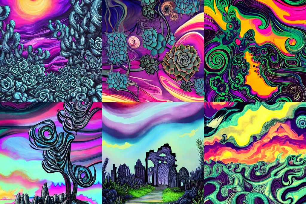 despair is a hue created with swirls of black gouache, experiment, high detailled, decadent highly - detailed digital painting, succulents, Colorful, sunset clouds, old mystic ruins, sliver boots, trending on the artstation, !!natural beauty!!