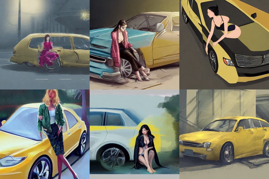 a beautiful girl with jacket and bra sitting near the old yellow car | | realistic shaded, symobolism, natural study, koji morimoto, concept art by tooth wu, embellished crystal and gemstones