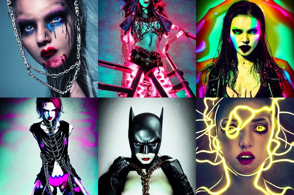 portrait shot of a female vampire, chains, male fashion!!!, by wu shenyou, post grunge screen print poster, bright glowing eyes, tansparent water, neon glow, batman, pearlescent, high-end party, silky in the air