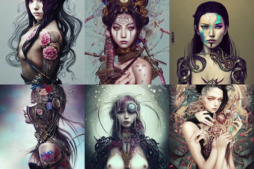 Portrait of a beautiful elegant woman colors, by kyoto animation, warrior in armour, tribal armor, with a tangled mass of hair, nier automata, neo surrealism, style of Tristan Eaton Stanley Artgerm and Tom Bagshaw, wet dripping long hair, Japanese yakuza tattoo all over her body, Jon Lothian