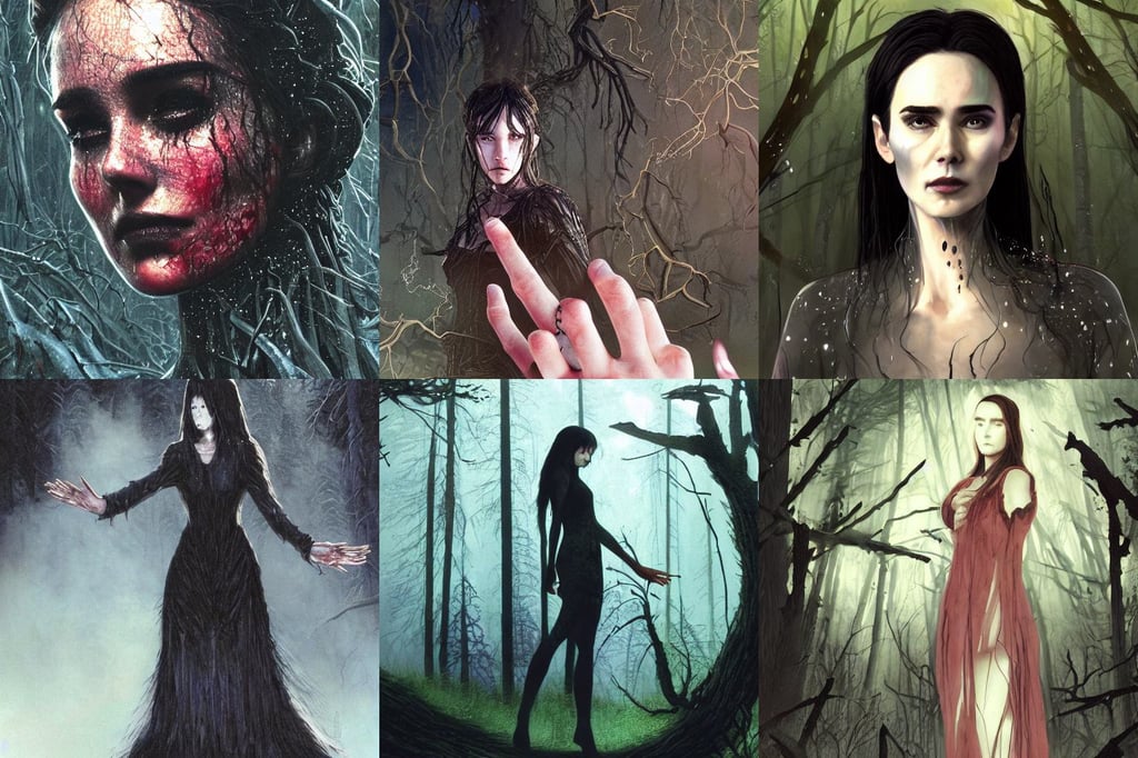 simple black magic crystal ring, horror fiction, sixteen-dimensional, large wildfire engulfing forest, portrait of jennifer connelly in woods looking for her friends, semi-transparent, sharp fangs, fractal gems, made by greg rutkowski, paint splatters, ultra high details by greg rutkowski, wearing by shinkai alphonse takashi anime detailed amano, standing still, camera close up, subtropical plants, handsome man