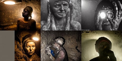 a coalminer woman covered in coal dust in a mine lit by kerosene lamps, kait kybar, fumes