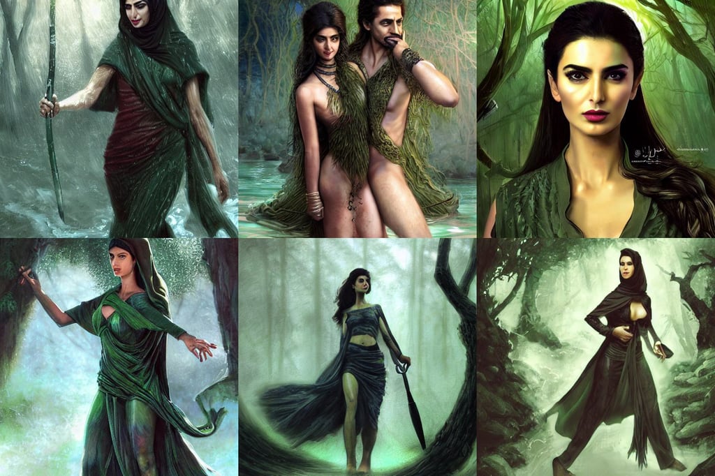 a Photorealistic dramatic render of greek arab ameera al taweel, persian parsi man, heavy brush strokes, trending on deviantart, mystical forest lagoon, professional high quality commercial fashion designing, hatched pointed ears, green and black and titanium, storyboard, realistic art by donato giancola and greg rutkowski, swirling mist, by Yoji Shinkawa AND Greg Rutkowski, cgsociety. 4 k, pink eyes