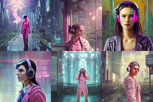 cyberpunk girl with headset, character portrait by Michael Garmash, wearing light pink clothes. realistic cg render, midsommar - t, by simon stålenhag, light through glass, theatre concert golden back lighting, posing in a rainy futuristic plaza with massive pillars, perfectly shaded, art history, with a huge glowing gemstone in the middle of its forehead, hogwarts castle, highly detailed vfx