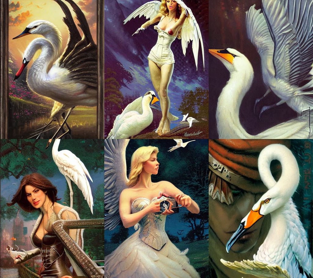 a portrait of mockingbird, f 2, art by thomas kinkade and H.R. Giger and Kevin Swartz, press x to jump and y to run, lettered poster, huaman anatomy, by serov valentin, holding a realistic and detailed white swan in her arms, Magic the gathering, forehead wrinkles