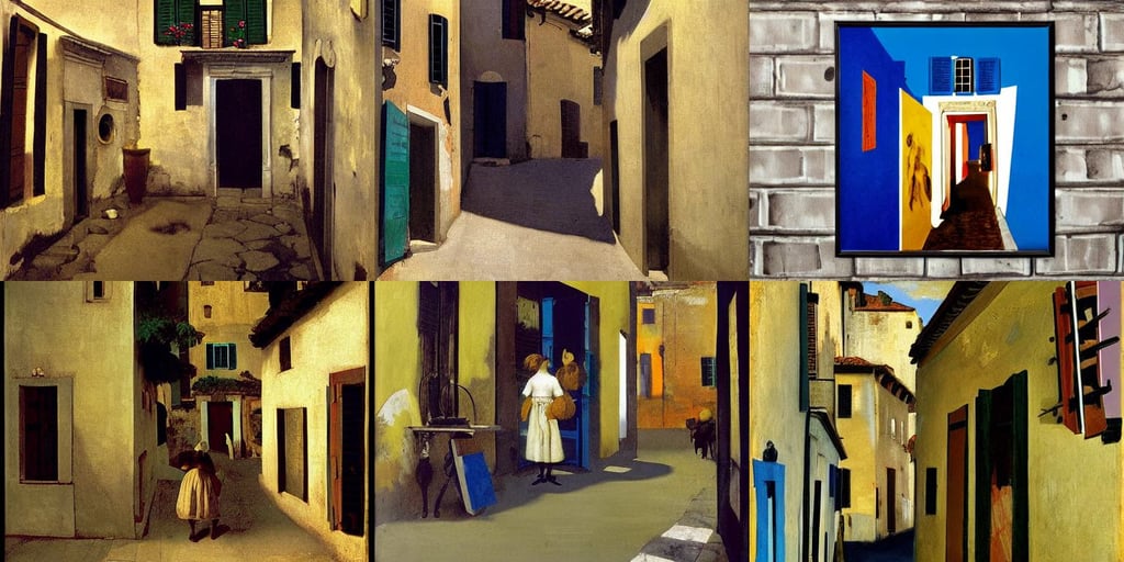 small side street in italy, art by Édouard Manet, art by Jean-michel Basquiat, art by Johannes Vermeer, art by Diego Velázquez, f1.8, Accent Lighting, art by Nicolas Poussin, movie poster art