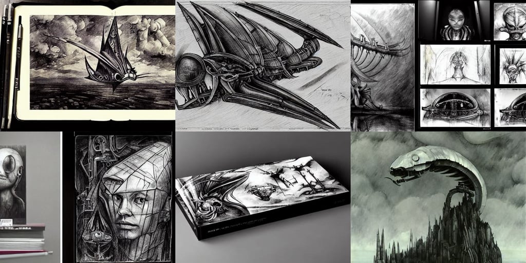 Fantasy flying ship by Makoto Shinkai. 5D, Clear Reflections, HR Giger style Da Vinci sketches black and white, art by Paul Cézanne, huddling over a piece of ancient technology, by beksinski, magical, art by Magdalena Carmen Frida Kahlo Claderón, sketch of alien faces, art by Andy Warhol, tank, art by Francis Bacon, deviantart