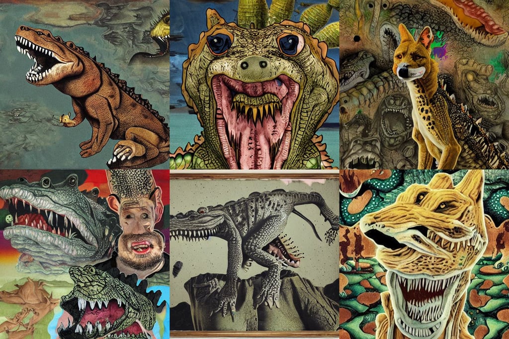 dingo as a crocodile, highly detailed in the style of otto dix apocalypse, renessaince painting, dark backround, beautiful collage technique including flora, freckled