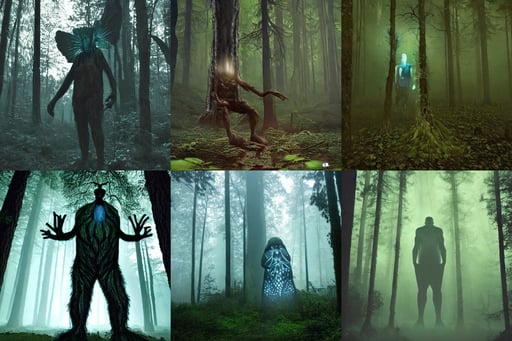 a forest giant in the woods, eerie and unsettling, bioluminescent ethereal