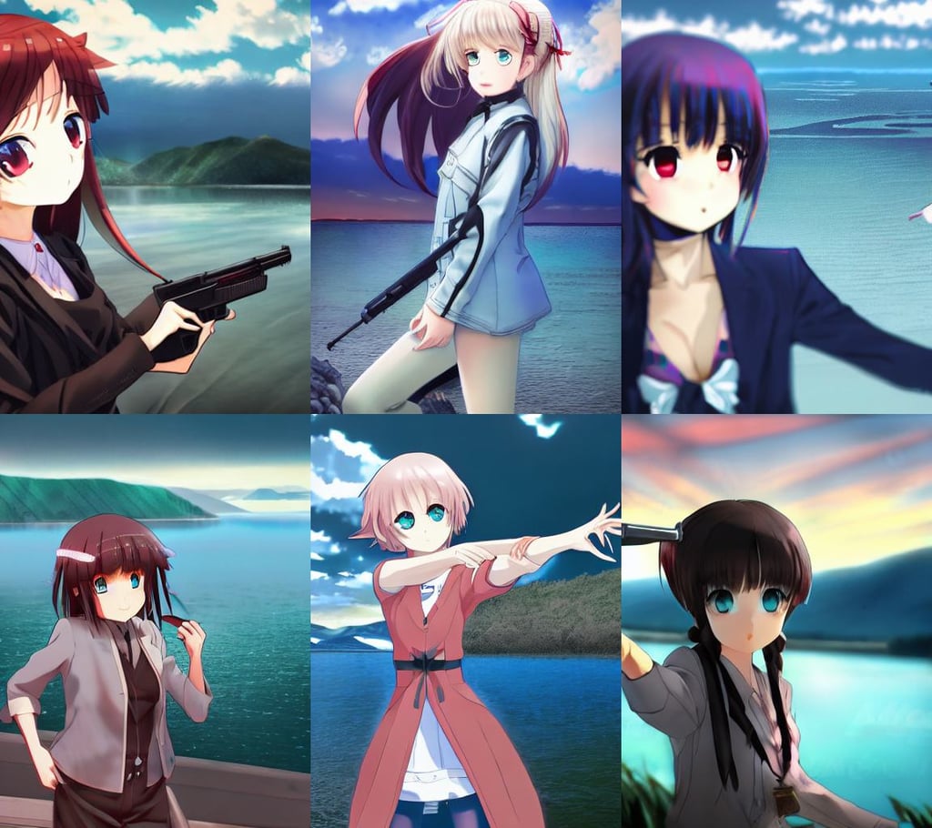 girl holding a pistol | | very very anime!!!, cinematic lighting + masterpiece, baby, in the background lake baikal is seen, ayanami gapmoe millie with year key a by lights halo anime yandere silk, bushy white beard, realistic clouds, short spikey haircut, azure blue watery eyes