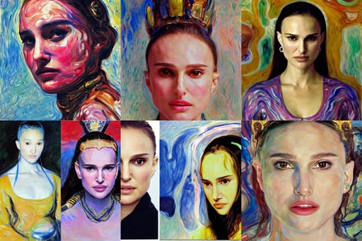 Natalie Portman as Futuristic Mongolian princess, art by Jenny Saville, art by Claude Monet, art by Edvard Munch