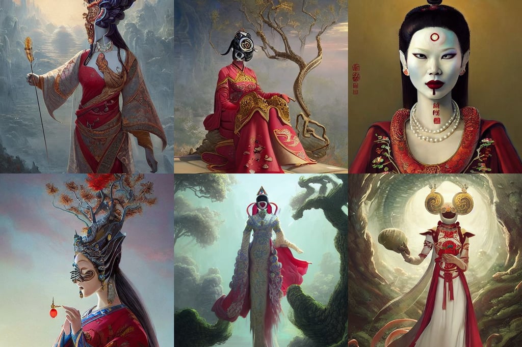 a beautiful portrait of a pearl goddess by greg rutkowski and raymond swanland, missing an eye, spiral trees growing toward the sky, art by raphael lacoste, character select portrait, wearing domino mask, wearing a chinese tunic suit with a red chinese dragon embroidered on it