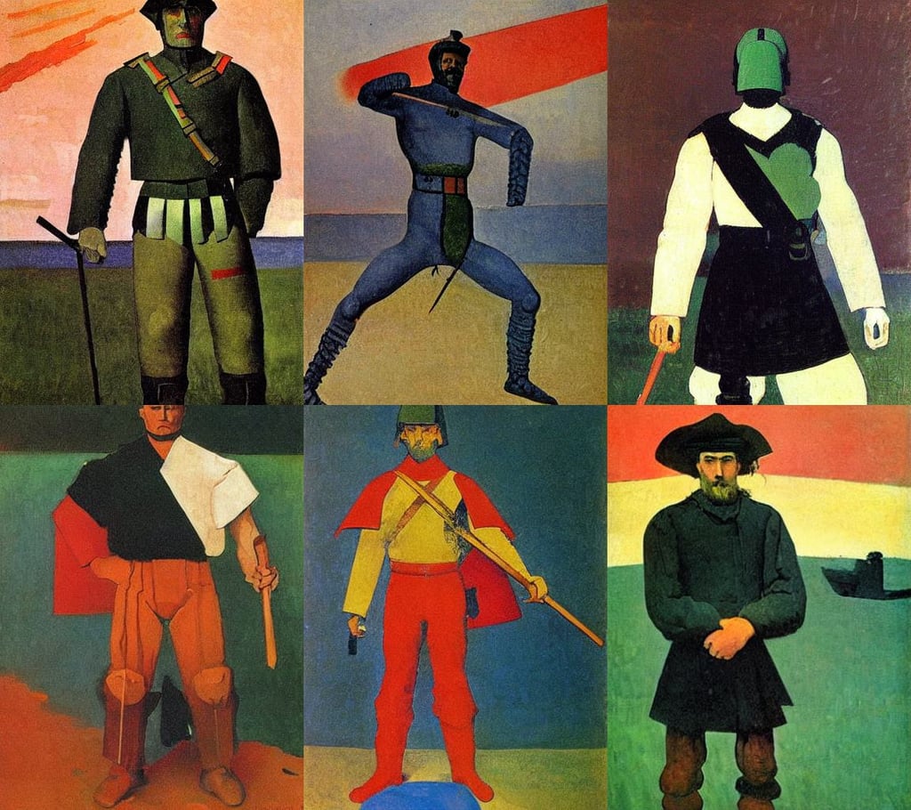 a proud and honorable male warrior, art by Kazimir Malevich, art by Winslow Homer