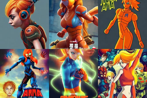 movie poster of Cara delevingne as Orange Samus Aran, arms and legs. trending on artstation, inspired by izombie, with chin-length auburn hair and freckles. She is somewhat obscured by her fashion choices, a woman with yellow skin, no armor, digital painting by Kentaro Miura and Hayao Miyazaki, ilya kuvshinov katsuhiro villeneuve, lorenzo lanfranconi, rendered in unreal 5, 28mm lens