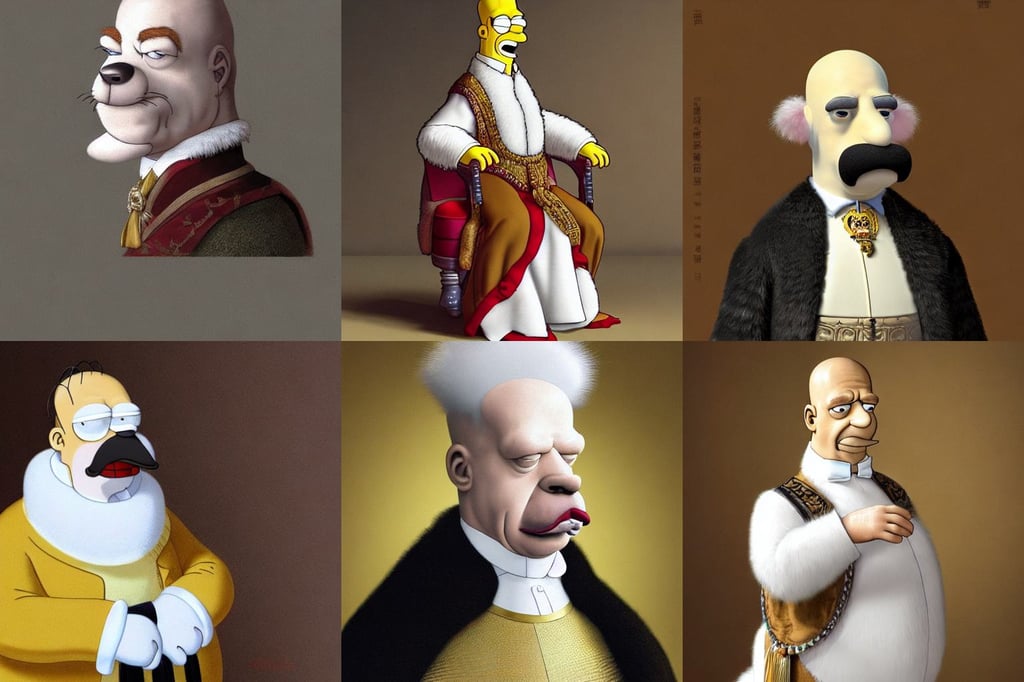 self - portrait of homer simpson dressed as a king from the victorian times ( high quality, interior design, physically based render, white paws and white face markings with long fur and fluffy tail, fine details by stanley artgerm lau, pale face, dim colors, opened internal mechanism