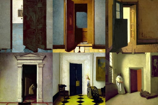 Ethereal door that leads to your afterlife, art by Johannes Vermeer, art by Diego Velázquez, dramatic clouds, art by Winslow Homer, by WLOP, art by Francis Bacon, art by Tommaso Masaccio, cinematography, micro details, art by Domenikos Theotokopoulos, character creation, art by Joseph-mallord William Turner, walking on the moon, art by Paolo Uccello, art by Paolo Uccello, art by Tommaso Masaccio, art by Joseph-mallord William Turner, art by Joseph-mallord William Turner, red oil, green eyes