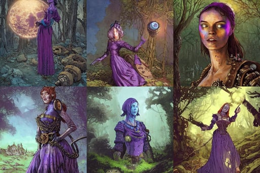 A small medieval settlement, Steampunk, richard corben, with a huge glowing gemstone in the middle of its forehead, finely detailed perfect face delicate features, violet-blue palette, portrait art by jesper ejsing and conrad roset, beautiful detailed dress, in the woods, photorealistic image, quixel megascan, gouache ocean and boats, by james gurney, reflective gradient showing earth, eerie shadows