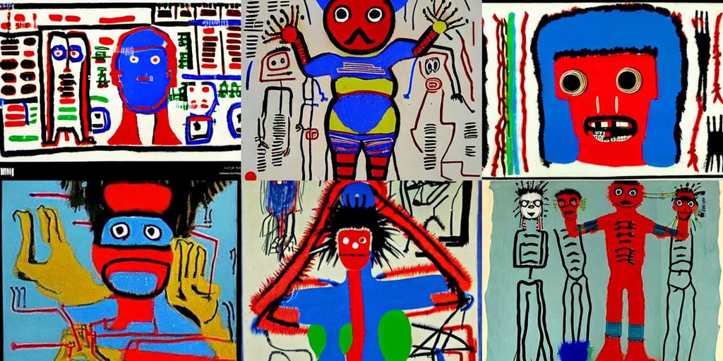 beautiful girl with long hard, binary code, exposed red and blue wires on arms, CHINESE ink, n..., with Muppets, art by Jean-michel Basquiat, art by Paolo Uccello